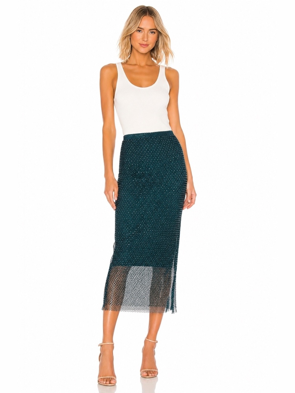 Sincerely Jules Teal Mesh Midi Skirt with Rhinestones